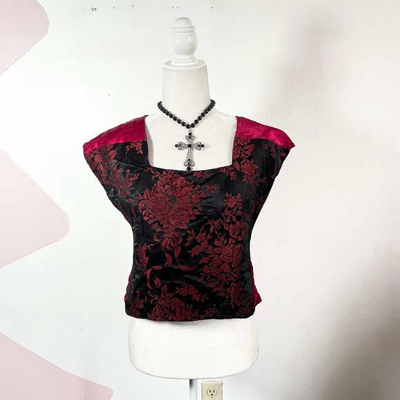 Tops - Vintage 90s Floral Brocade Top Womens Small Red Black Vampire Gothic Victorian